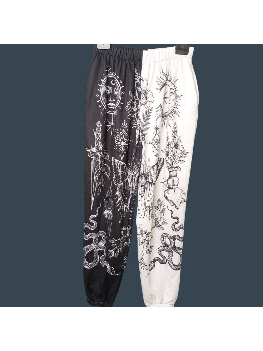 XL Black & White Boho Gothic Jogger Pants With Celestial & Botanical Print